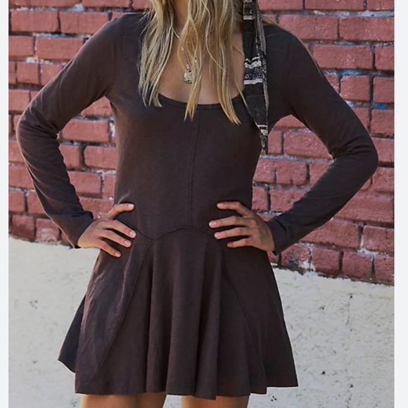 NWT Free People Brown 100% Cotton Mini Dress Size L / Large - Picture 3 of 6